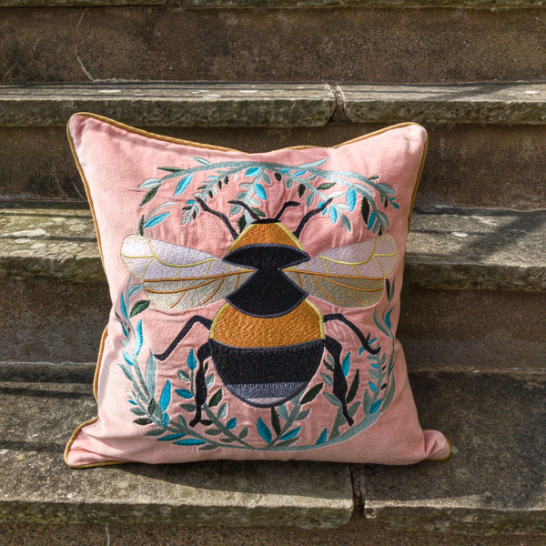Velvet blush pink embroidered bumble bee cushion
