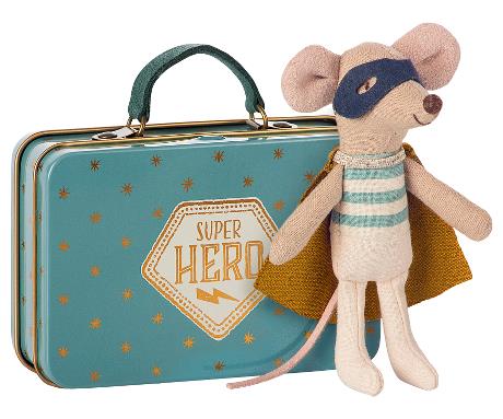 Maileg superhero mouse in a suitcase